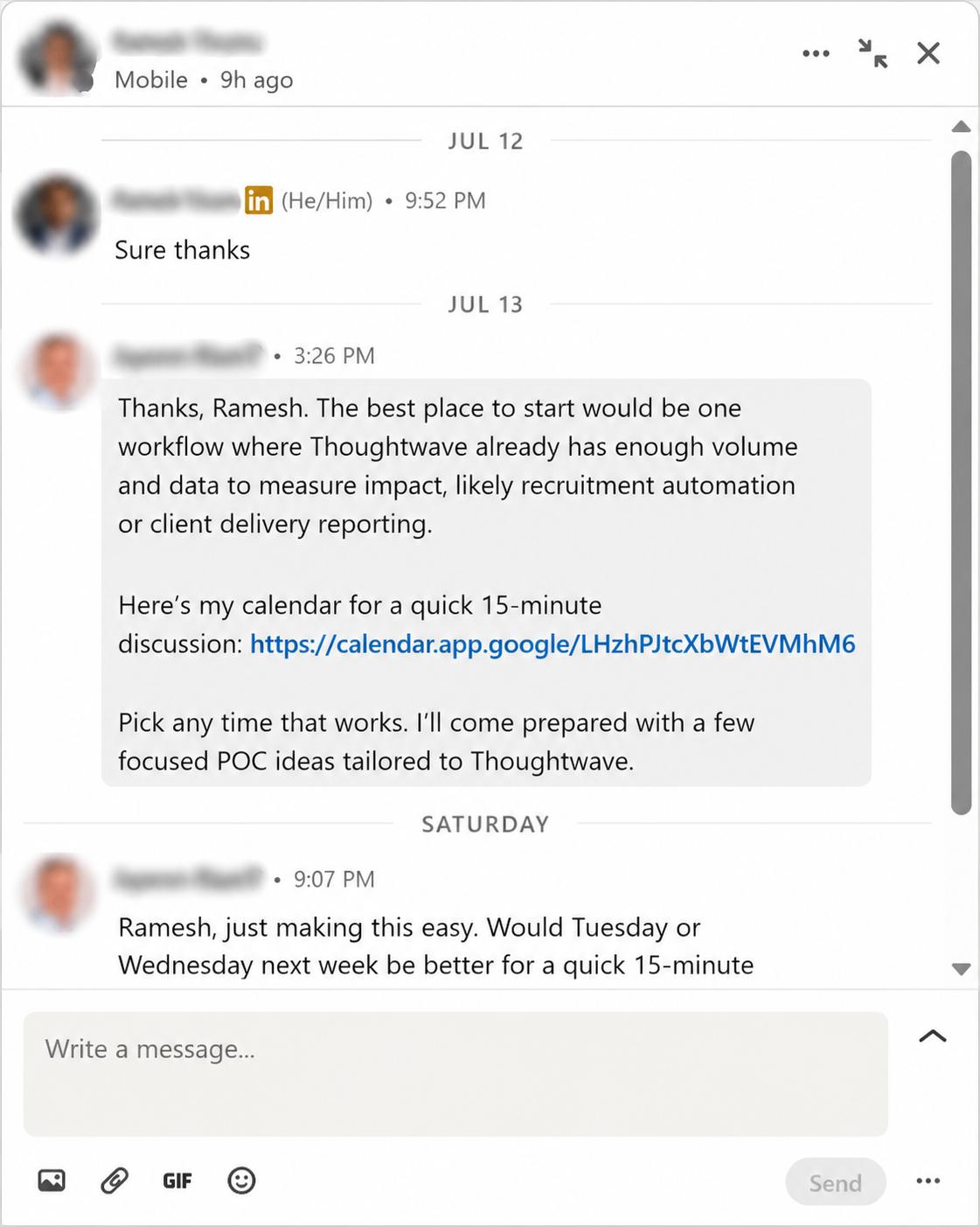 Prospect books straight from the DM using our shared calendar link.